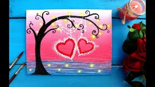 Easy Valentines Special Tree with Hanging Hearts Painting for Beginners  GIVEAWAY [upl. by Aramit]