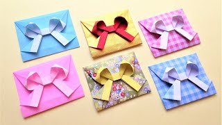 折り紙 1枚 リボン付き ポチ袋 簡単な折り方2 Origami envelope with bow use one sheet of paper tutorial（NiceNo1） [upl. by Oakleil]