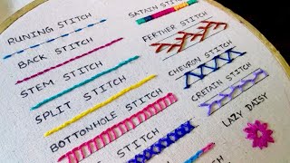 15 Basic Hand Embroidery Stitches Sampler For Absolute Beginners [upl. by Toolis]