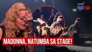 Madonna falls off chair on stage midperformance  GMA Integrated Newsfeed [upl. by Ielarol]