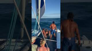 Women Sitting on Catamaran Net Gets Soaked by Tall Waves  1496400 [upl. by Ecyob]