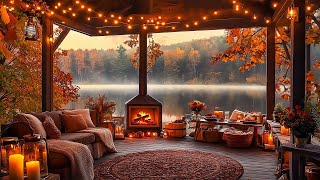 Cozy Fall Porch Ambience 🍂 Warm Morning with Smooth Jazz Music and Fireplace Sounds for Good Mood [upl. by Aicel]