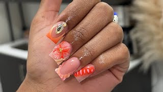 Summer Vacation Freestyle Nails  Gel 3D Flower Nails  Sea Shell Nails  Blinged Nails [upl. by Casey]