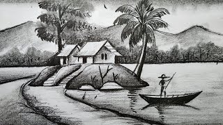 how to draw easy pencil sketch scenerylandscapepahar and river side scenery drawinghow to draw [upl. by Sahpec698]