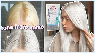 HOW TO TONE PLATINUM BLONDE HAIR AT HOME  Wella T14  bye yellowbrassy tones [upl. by Nairehs]