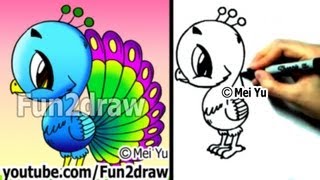 Fun2draw  How to Draw a Cartoon Peacock  Draw Animals  Cute Art  How to Draw Animals Art Lesson [upl. by Talbott835]