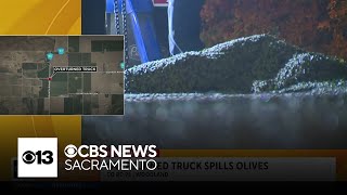 Truck spills olives in Yolo County [upl. by Letnahc]