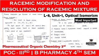 Racemic modification and Resolution of Racemic mixture  L8 U1  POC3rd  B Pharma 4th Sem [upl. by Eyahsal]