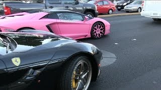 Nicki Minajs Pink Lamborghini Aventador Roadster with a Ferrari F12 Berlinetta in Las Vegas [upl. by Leivad]