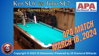 Live APA Match March 18 2024 Ken Ackroyd SL6 vs Julio Rafael SL7 4 To 5 Race [upl. by Anicul]