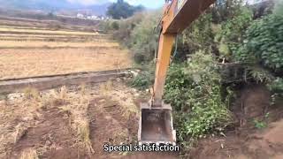 Excavator digs mound of earth to make a road concrete pipe relocation move steel bundle [upl. by Akenit546]