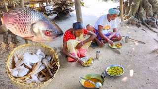 ROHU FISH CURRY with BRINJAL and wild mashroom fry cooking and eating by our grandmaa [upl. by Seravaj]