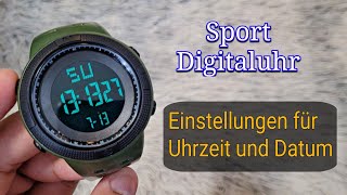 Wie stelle ich Uhrzeit 🕑 Datum 📅 auf einer Sportuhr ein Einstellungen für digitale LEDUhren [upl. by Pyne845]