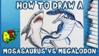 How to Draw MOSASAURUS VS MEGALODON [upl. by Leumel]