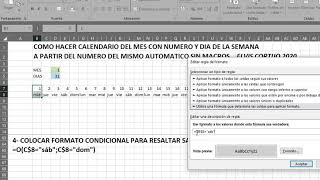 Excel Calendario Mensual Automatico con el Numero del Mes Muestra Dias de la Semana SAB y DOM [upl. by Anrat]