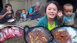 Local Pork Recipe with Rice in Nepali Rural Village kitchen आज घरमा सुङ्गुर को मासु सँग ढिडो र भात [upl. by Tennies]