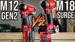 Milwaukee Tools M12 FUEL Impact Driver VS Milwaukee M18 SURGE hydraulic Impact Driver [upl. by Lamrej845]