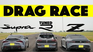 Tuned VW Mk8 Golf R Takes ON Nissan Z And Toyota Supra Drag And Roll Race [upl. by Ahsar]