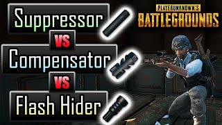 PUBG ► SUPPRESSOR vs COMPENSATOR vs FLASH HIDER Exact StatsEffects Comparison [upl. by Lehcer]