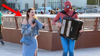 BEAUTIFUL GIRL Joins SPIDER MAN Accordionist on the Street  Flowers Miley Cyrus [upl. by Alpers281]