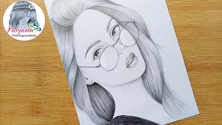 A girl with beautiful hair Pencil Sketch  How to draw a Girl with Glasses  bir kız nasıl çizilir [upl. by Lleon447]