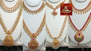 Lalithaa Jewellery Light Weight Ruby Emerald Gold Necklace amp Haram Collections [upl. by Chelsae]