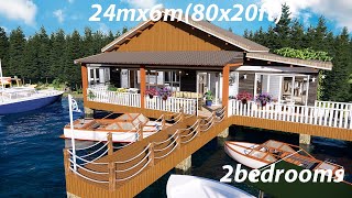 Wooden house design 24m x 6m  80x20ft1600ft2  on the river [upl. by Ardnnek]