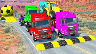 Double Flatbed Trailer Truck vs Speedbumps Train vs Cars  Tractor vs Train BeamngDrive 06 [upl. by Nit]