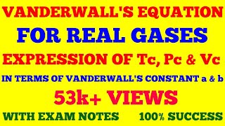 VANDERWALL EQUATION FOR REAL GASES  EXPRESSION OF Pc Tc and Vc IN TERMS OF a and b  WITH NOTES [upl. by Jacquetta]