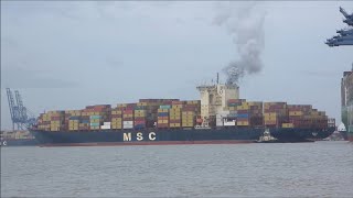 MSC Ellen smokes out the Port of Felixstowe as she swings with 3 tugs to depart 8th April 2024 [upl. by Trini]