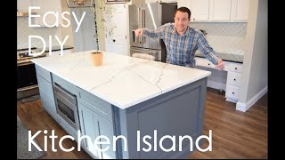 Easy DIY Kitchen Island with seating storage microwave under cabinet marble quartz countertop [upl. by Kered]