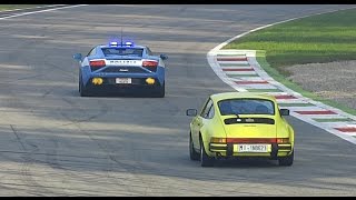 Italian Police in Lamborghini Gallardo chasing supercars  Inseguimento allAutodromo di Monza [upl. by Pride688]