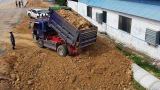 Small Bulldozer Working Pushing Dirt And Rock  Mini Dump Truck Unloading Gravel And Dirt [upl. by Perkoff]