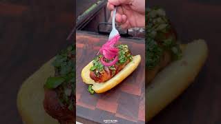 Cheesy Choripan Dog Recipe  Over The Fire Cooking by Derek Wolf [upl. by Wilbert]