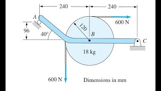 450 The homogeneous 18kg pulley is attached to the bar ABC with a pin at B The mass of statics [upl. by Annahsar]