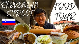 SLOVENIAN STREET FOOD TOUR 🇸🇮 Struklji Bled Cake Potato Salad  Roast Beef in Ljubljana Slovenia [upl. by Azitram]