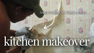 DIY BUDGET KITCHEN MAKEOVER EP 1  Removing Wallpaper New Countertops amp Grain Filling Cabinets [upl. by Ibbor]