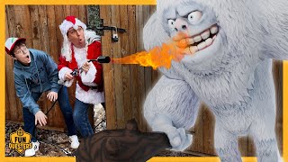 Giant Christmas Snow Monster Battles Aaron amp LB the FunQuesters with Surprise Flame Thrower [upl. by Klina]