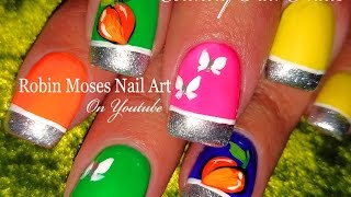 OPI Tru Neon Nails  DIY Hand painted PEACHES Nail Art Design Tutorial [upl. by Auvil]