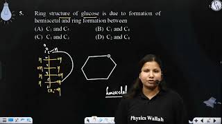 Ring structure of glucose is due to formation of hemiacetal and ring formation between [upl. by Fita]