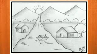 प्राकृतिक दृश्य चित्र बनाना सीखें  How to draw beautiful landscape pencil sketch  pencil drawing [upl. by Platt]