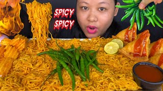 SPICY MAGGI CHALLENGE WITH LOT’S OF GREEN CHILLIES 🔥CHIPS amp SAMOSA MUKBANG  ASMR  BIG BITES [upl. by Helbonia]