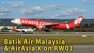 AirAsia X 9MXXV arrives and Batik Air Malaysia 9MLRG departs RW03 at Perth Airport [upl. by Aleek]