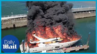 Drone footage captures superyacht turning into a fire ball [upl. by Yecrad]