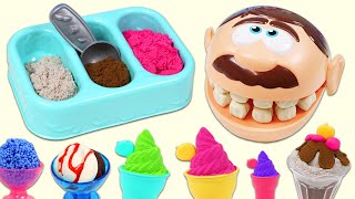 Pretend Feeding Mr Play Doh Head Kinetic Sand Ice Cream [upl. by Sucramaj]