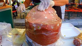 Ham Hand Slicing Skills Italy Street Food Mortadella Prosciutto Crudo e Cotto [upl. by Yenttirb411]