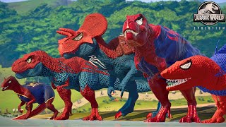 ALL RED SPIDERMAN Battle in Jurassic World Dinosaur Pro SuperHero Team [upl. by Aramaj]