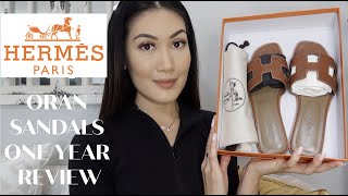 HERMES ORAN SANDALS ONE YEAR REVIEWWEAR amp TEAR  Mimi Le [upl. by Ailime687]