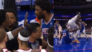 JOEL EMBIID FIGHTS ENTIRE KNICKS AFTER PULLING DOWN LEG OF PLAYER [upl. by Adan456]