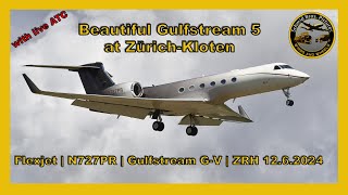 Beautiful Gulfstream 5 Flexjet GLF5 N727PR landing runway 14 at ZürichKloten with live ATC [upl. by Inger]